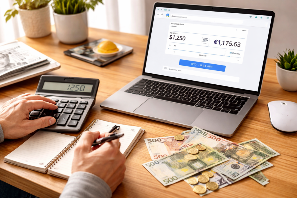 person converting currency using calculator and laptop at desk