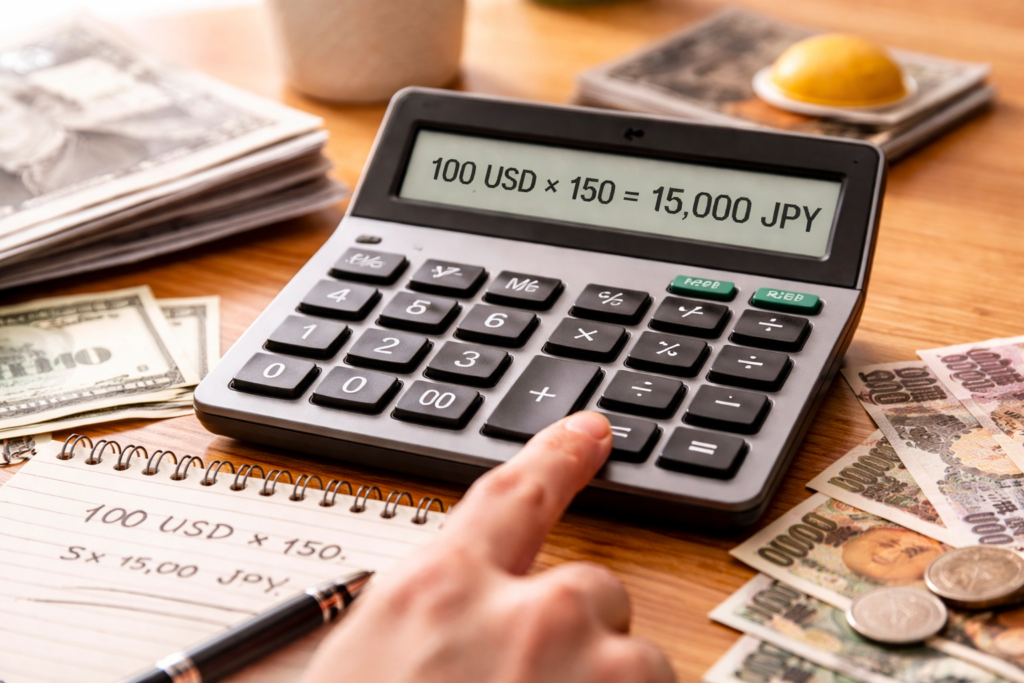 calculator showing currency conversion math on screen