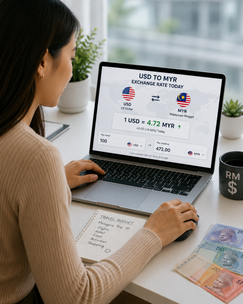 USD to MYR exchange rate today showing US Dollar to Malaysian Ringgit conversion on laptop