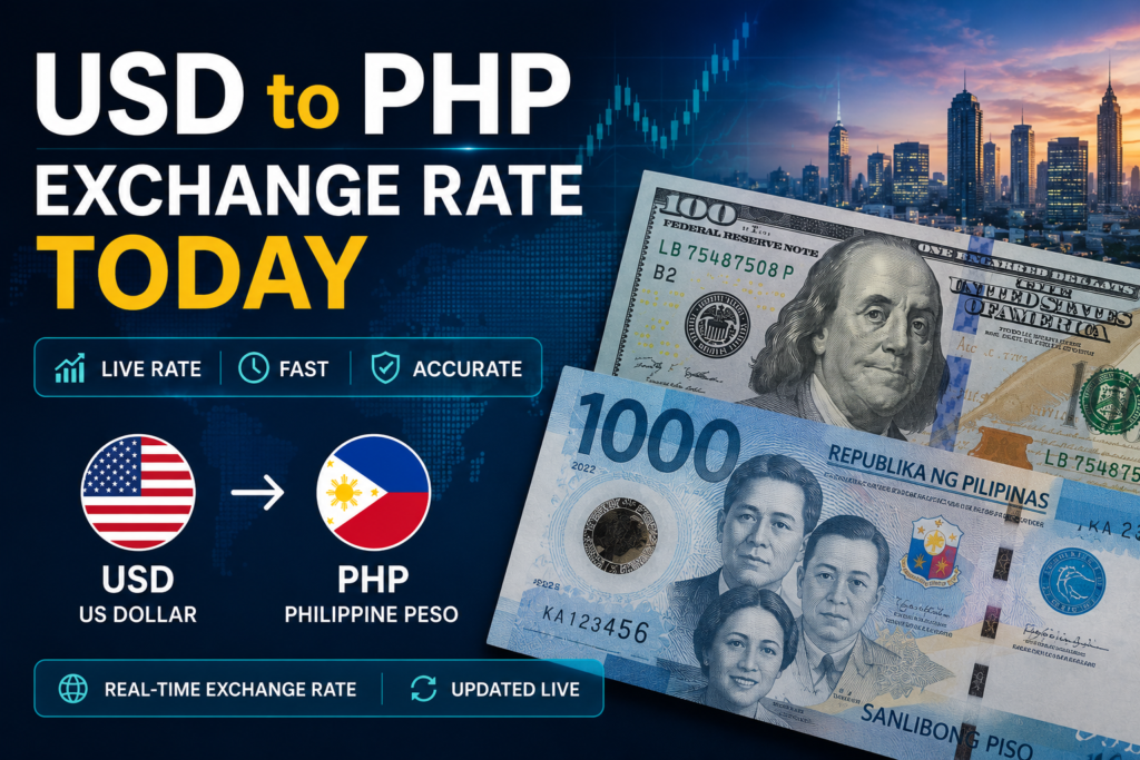USD to PHP exchange rate today showing US Dollar and Philippine Peso currency concept