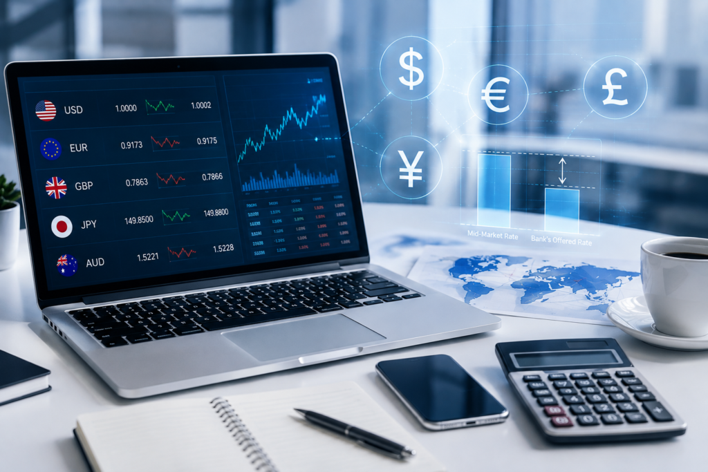Illustration showing the difference between the mid-market exchange rate and a bank's exchange rate spread.