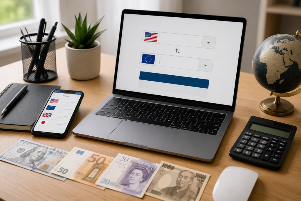 Currency conversion workspace showing different international currencies and an exchange-rate calculation.