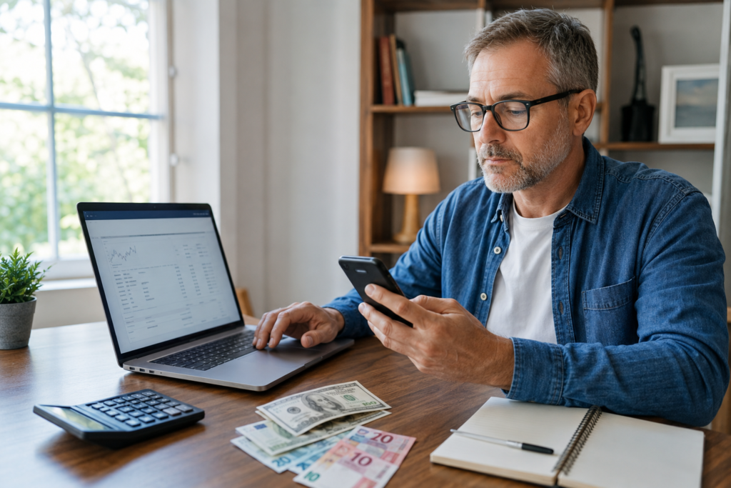 Middle-aged man comparing an online currency exchange-rate estimate with a bank transaction on his smartphone.
